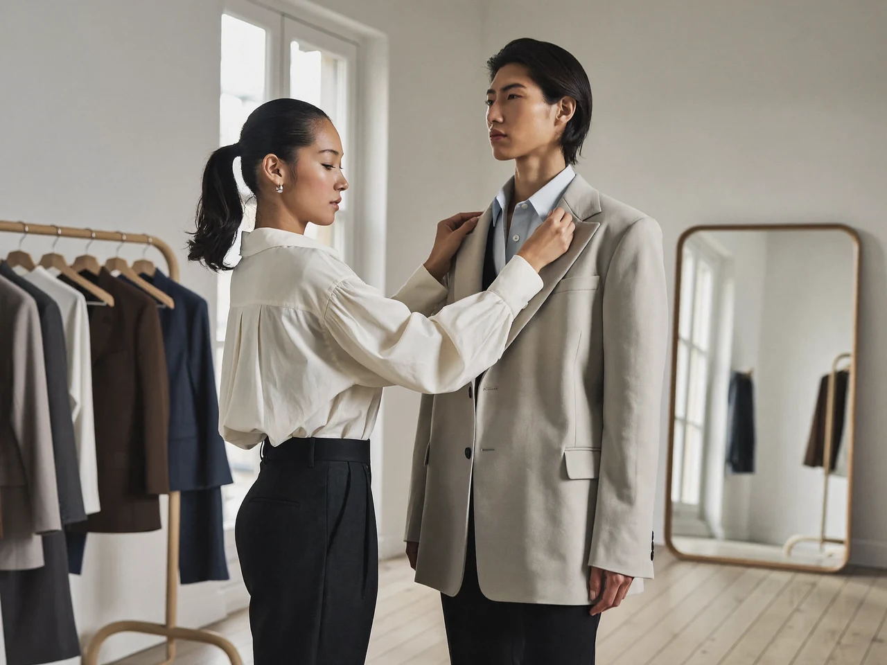 Stylist retter et blazerrevers på en kunde i et lyst skandinavisk studie