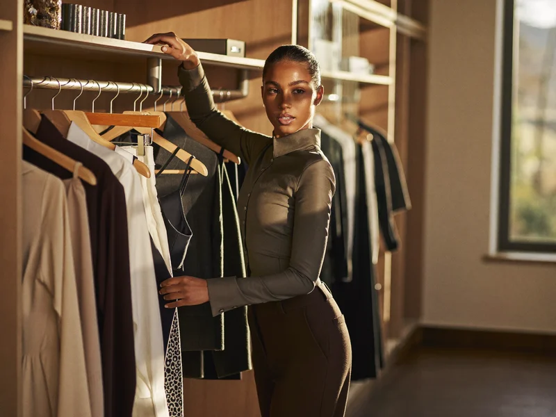 Stylist sorterer tøj efter kategori på en lang stang i walk-in-garderobe