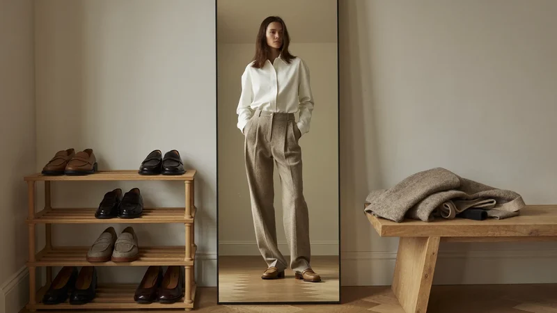 Fuldlængdespejl i et roligt omklædningshjørne med færdigt outfit